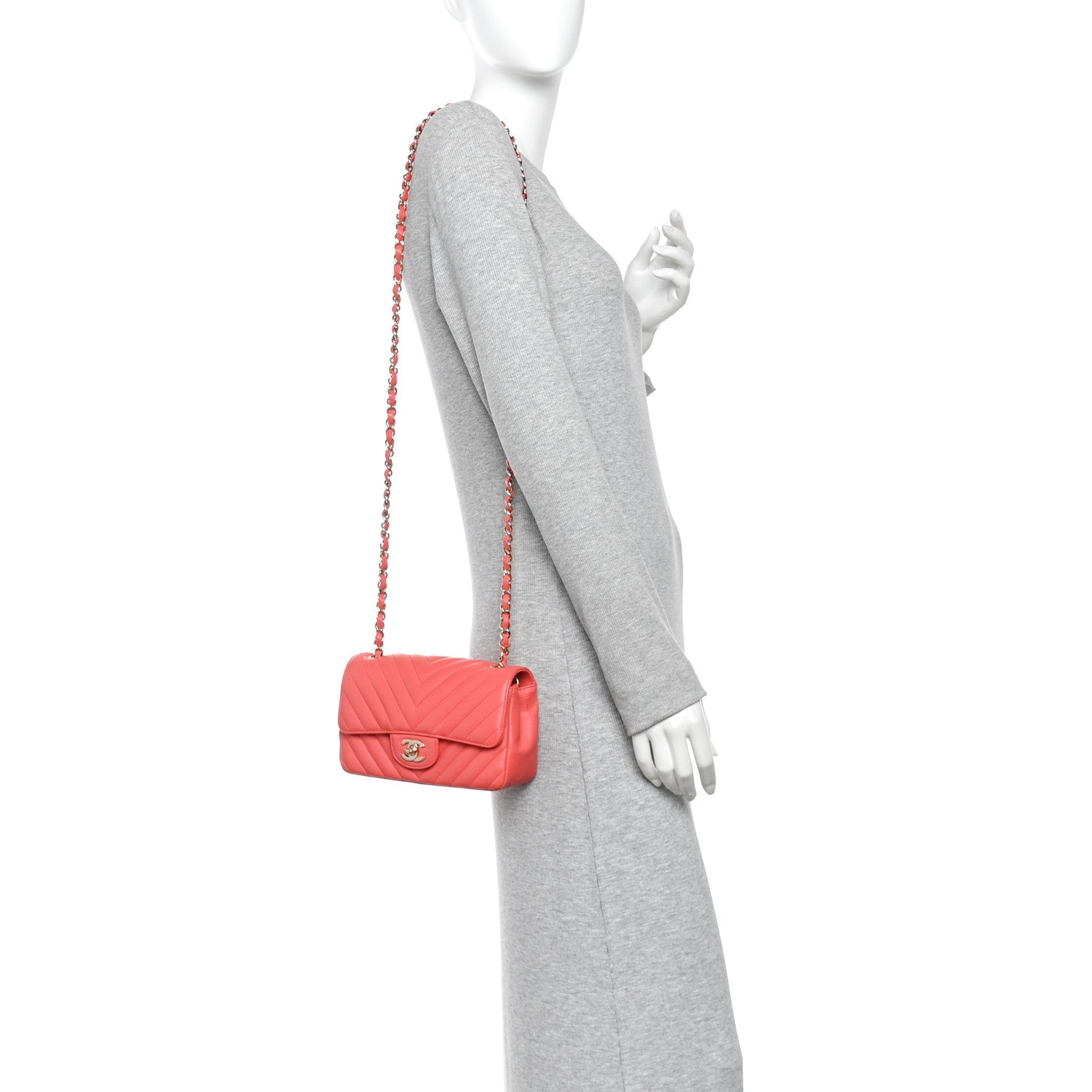 Lambskin Chevron Quilted Mini Rectangular Flap Coral