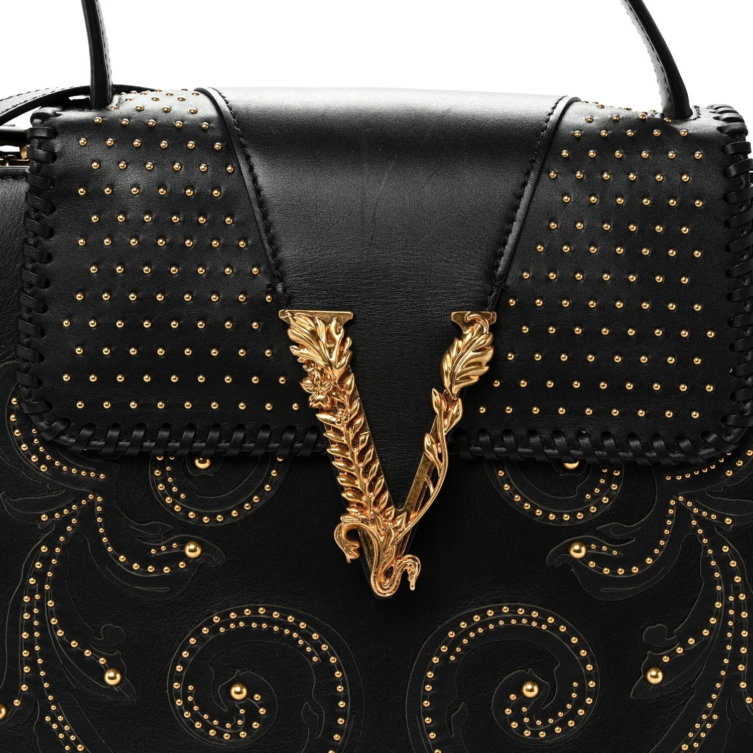 Vitello Western Studded Virtus Top Handle Shoulder Bag Black