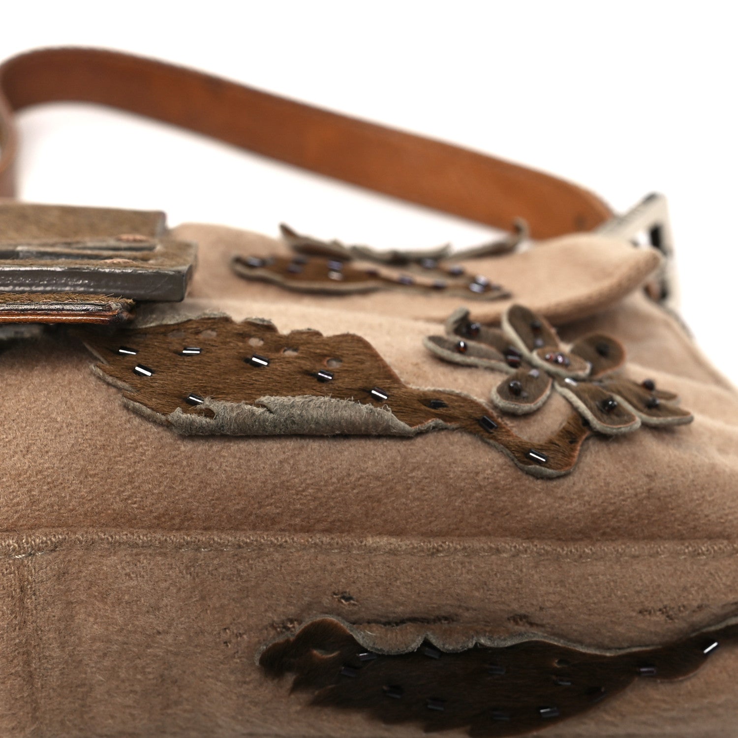 Wool Pony Hair Flower Applique Baguette Brown