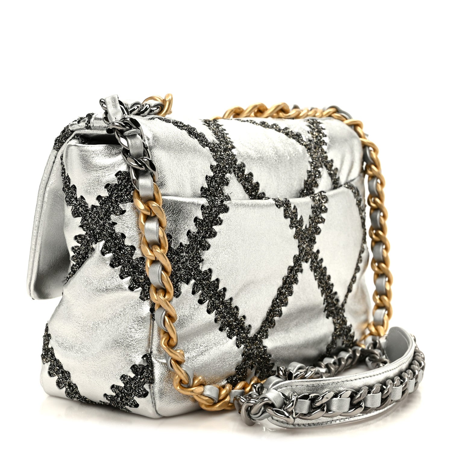 Metallic Calfskin Crochet Medium CHNL 19 Flap Silver