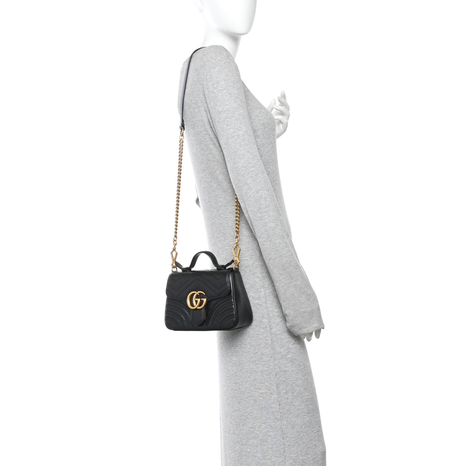 Calfskin Matelasse Mini GG Marmont Top Handle Shoulder Bag Black