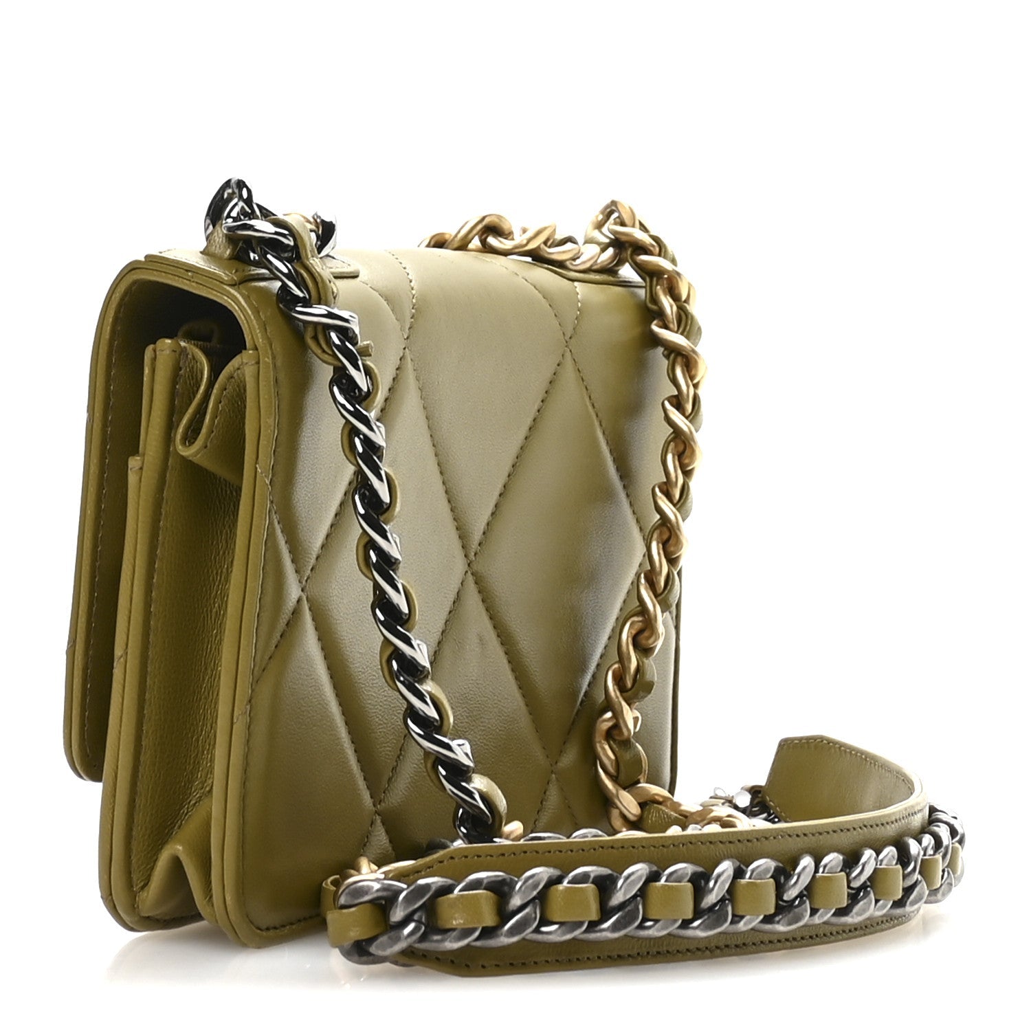 Lambskin Quilted CHNL 19 Wallet On Chain WOC Green