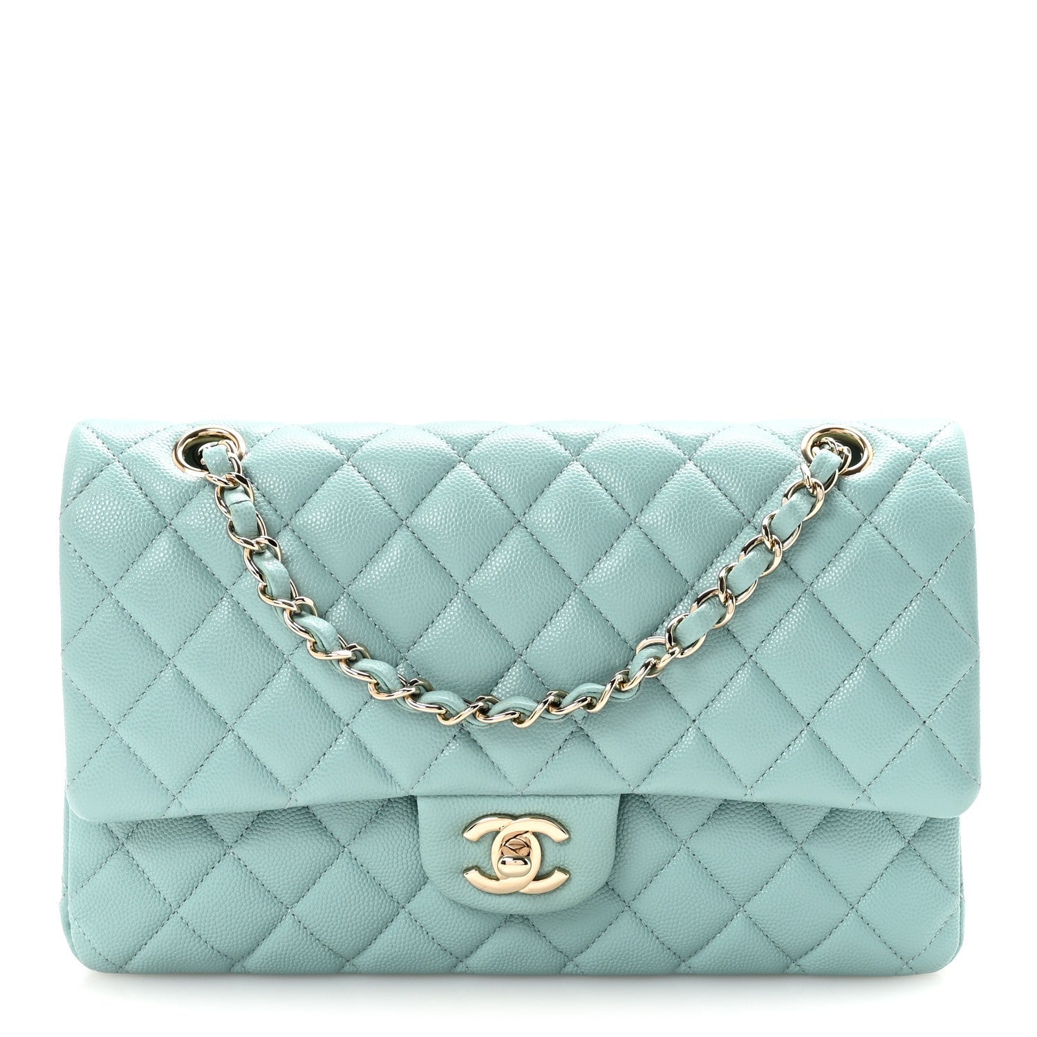 Caviar Quilted Medium Double Flap Light Blue