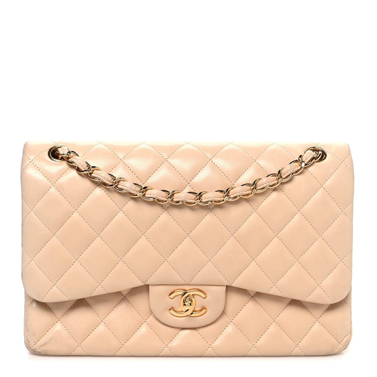 Lambskin Quilted Jumbo Double Flap Beige