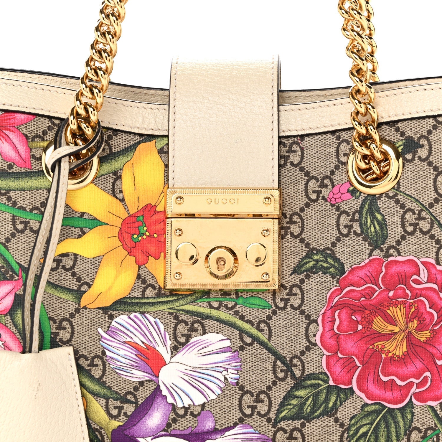 GG Supreme Monogram Flora Textured Calfskin Small Padlock Tote Beige Ebony Multicolor Mystic White