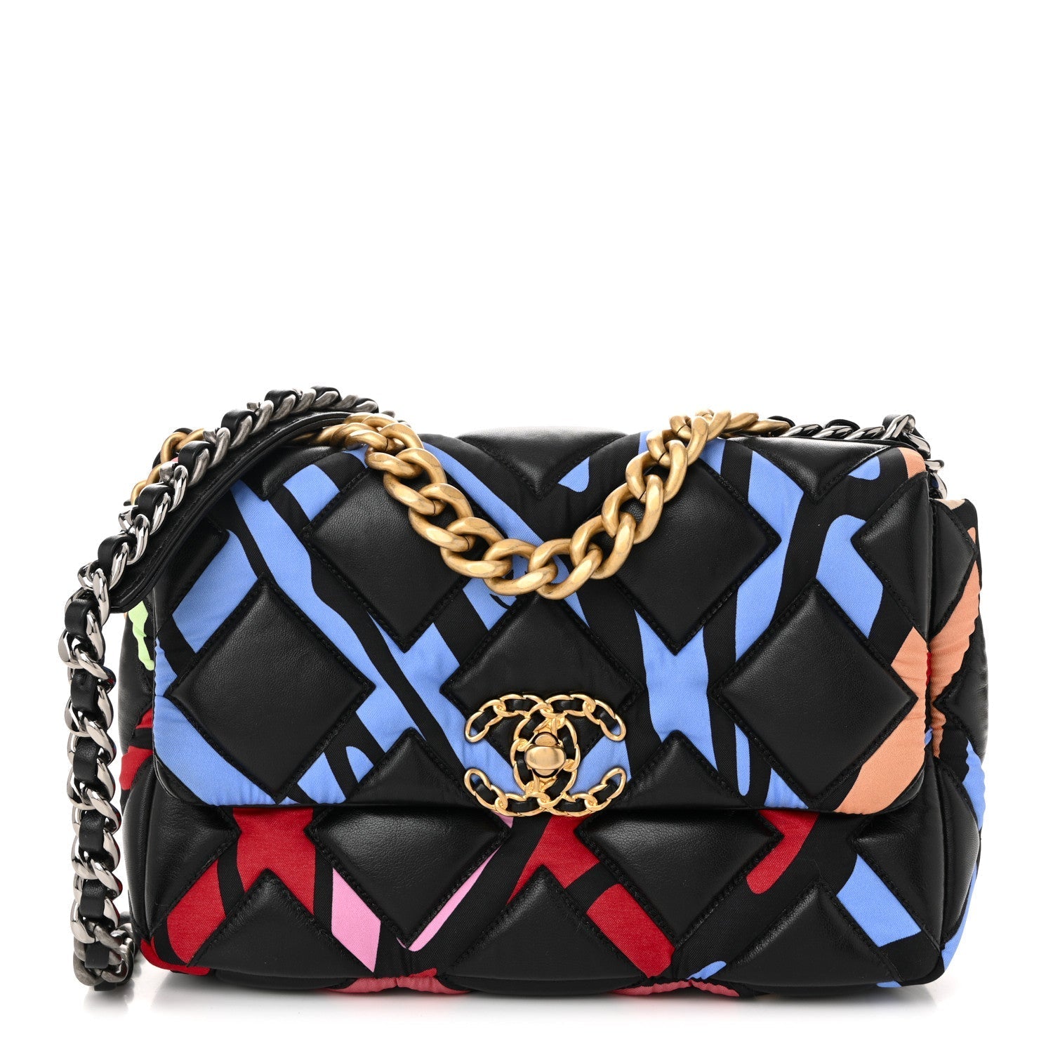 Lambskin Printed Fabric Medium CHNL 19 Flap Black Multicolor