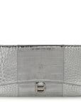 Metallic Calfskin Crocodile Embossed Hourglass Flap Flat Pouch Silver
