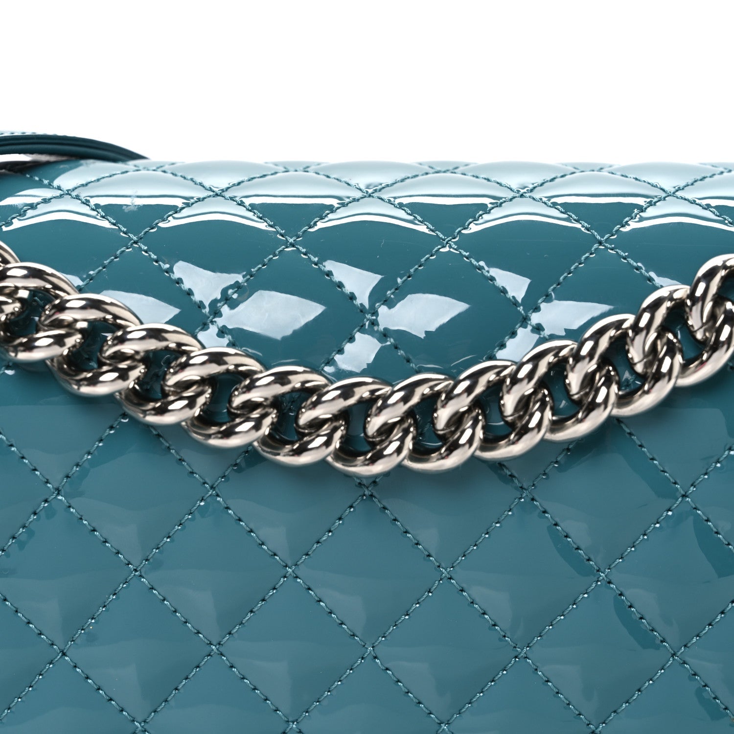 Patent Calfskin Quilted New Medium Plexiglass Boy Flap Turquoise
