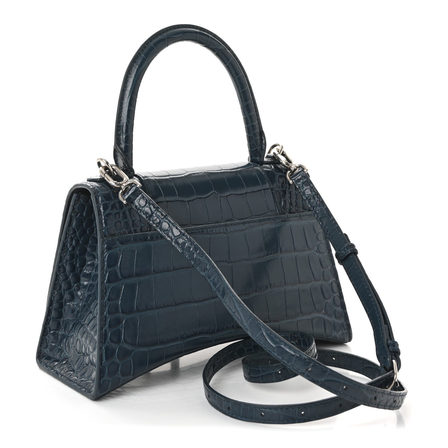Shiny Calfskin Crocodile Embossed Small Hourglass Top Handle Bag Dark Petrol Blue