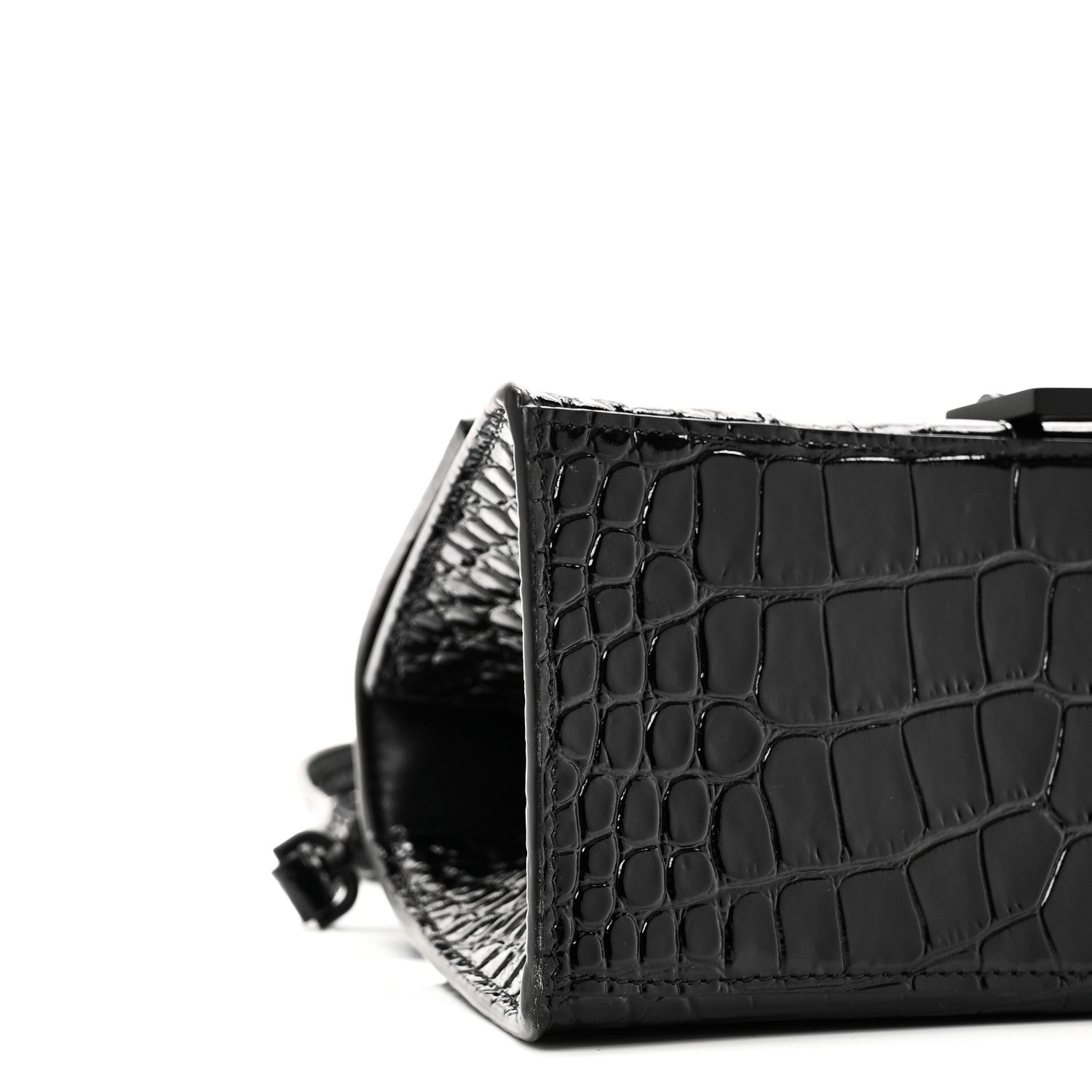Shiny Calfskin Monochrome Crocodile Embossed Small Hourglass Top Handle Bag Black