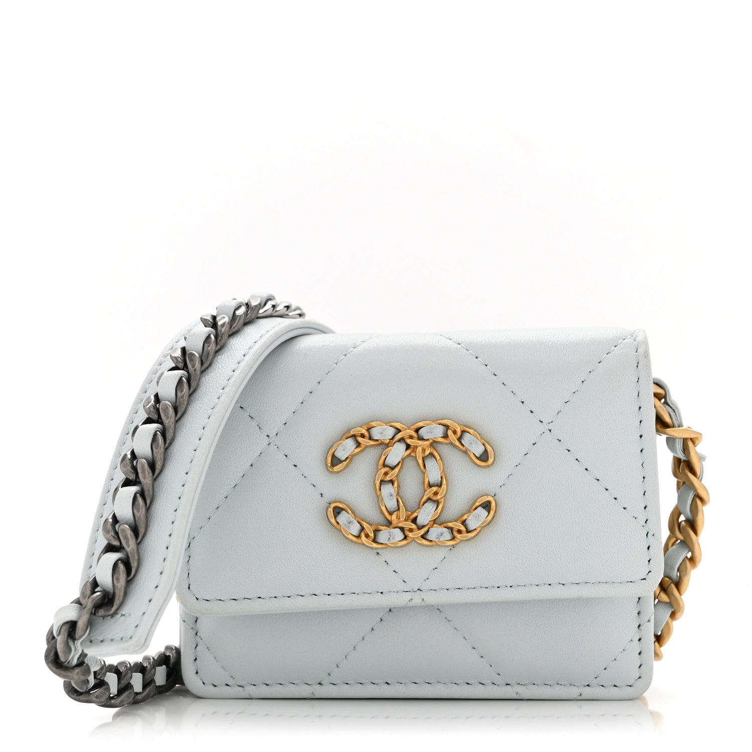 Lambskin Quilted CHNL 19 Flap Card Holder With Chain Light Blue