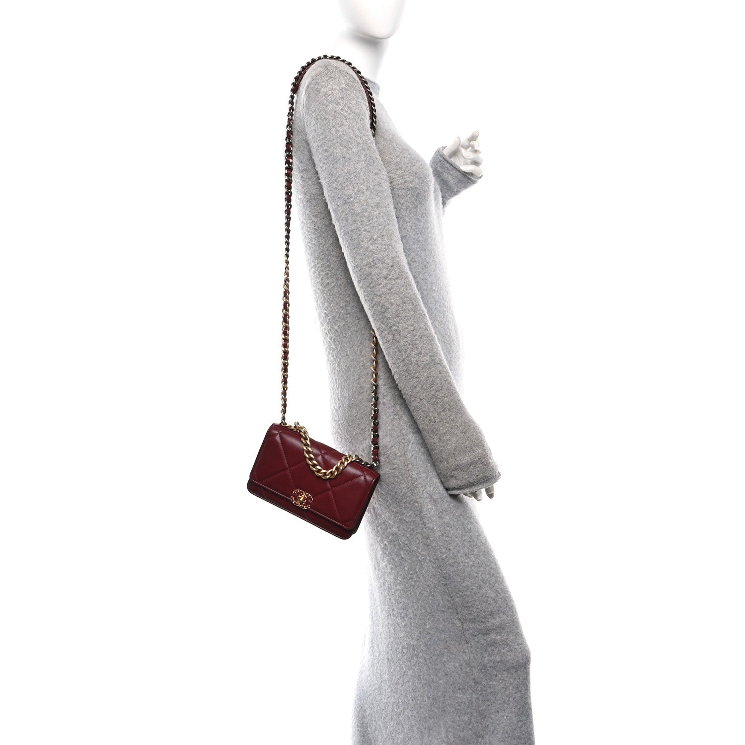 Lambskin Quilted CHNL 19 Wallet On Chain WOC Burgundy