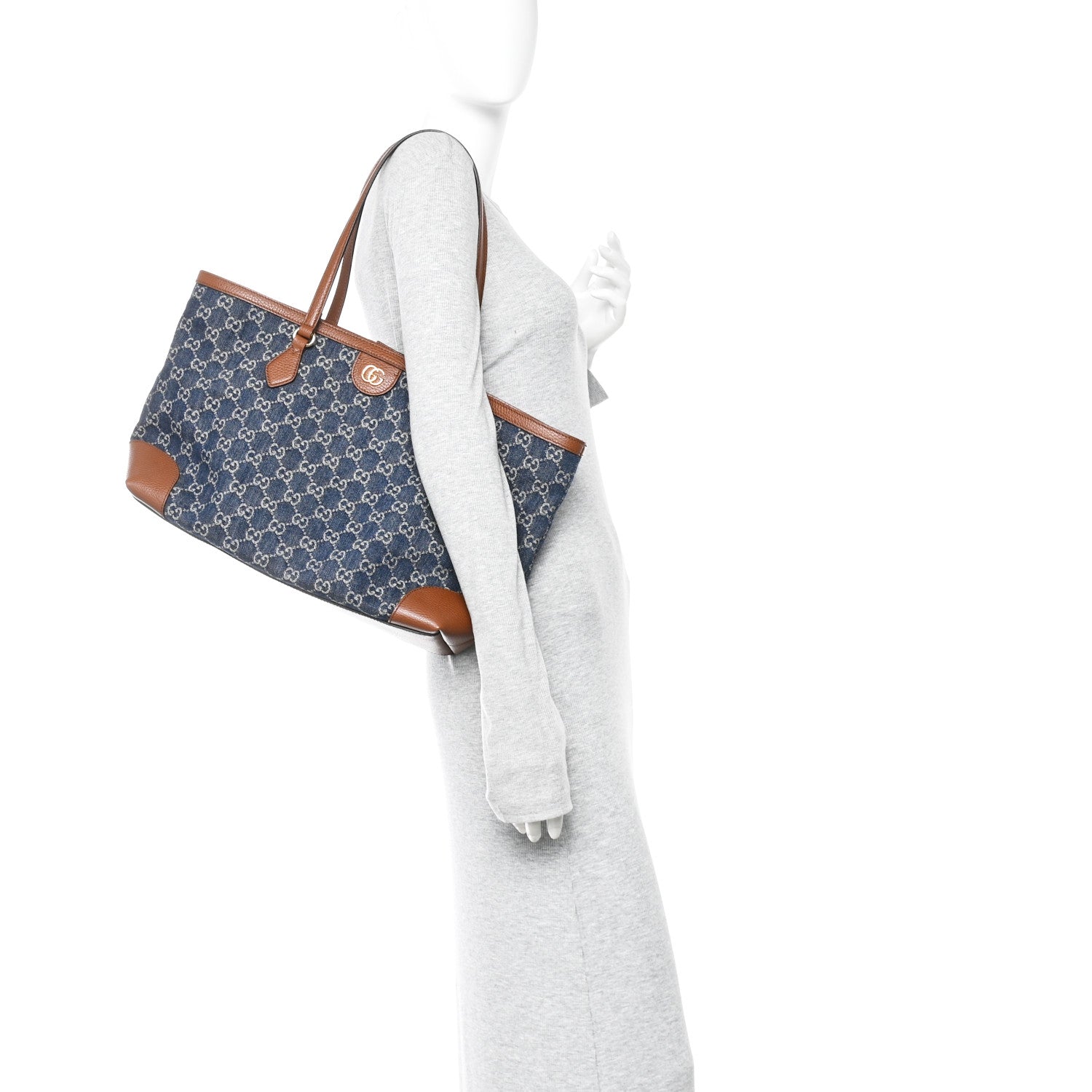 New Denim GG Monogram Medium Ophidia Shopping Tote Blue Tea Cuir