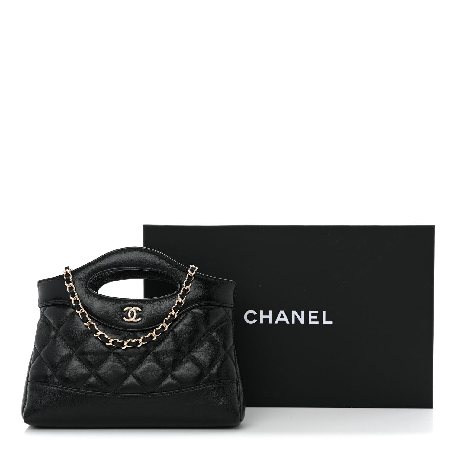 Shiny Crumpled Calfskin Quilted Nano 31 Shopping Bag Black