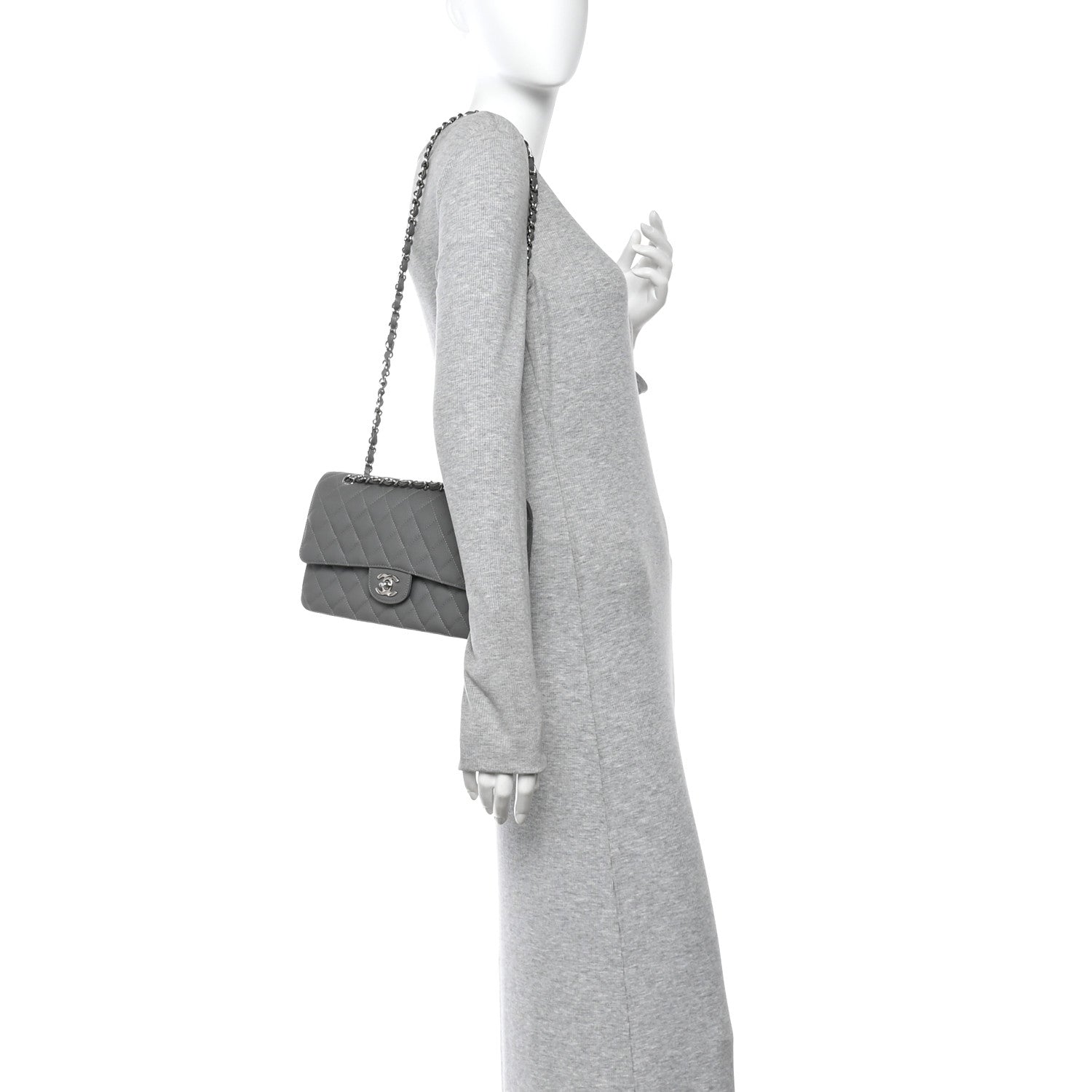 Caviar Quilted Medium Double Flap Grey