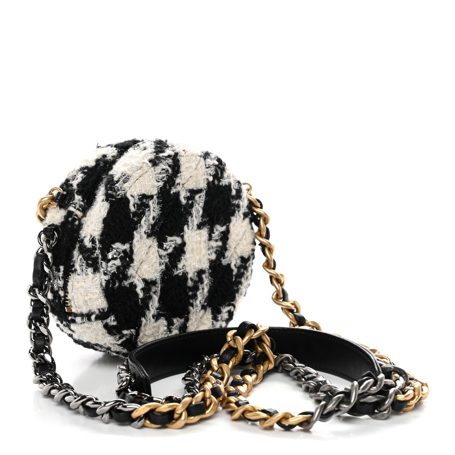 Wool Tweed Lambskin Quilted CHNL 19 Round Clutch With Chain and Coin Purse Black White