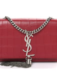 Calfskin Crocodile Embossed Small Classic Monogram Kate Tassel Satchel Red