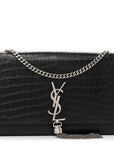 Calfskin Crocodile Embossed Medium Classic Monogram Kate Tassel Satchel Black