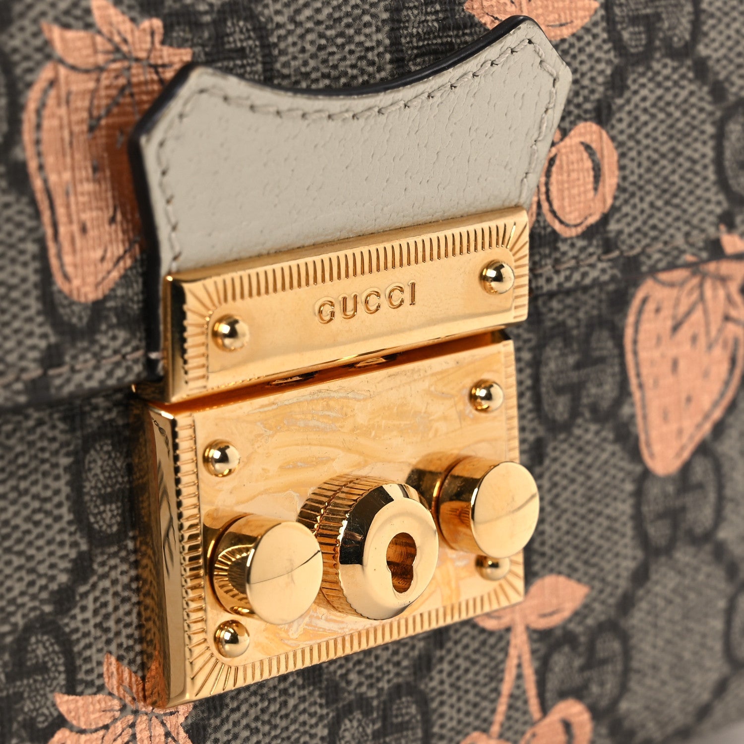 GG Supreme Monogram Berry Textured Dollar Calfskin Mini Padlock Top Handle Shoulder Bag Beige Ebony Light Copper Mystic White