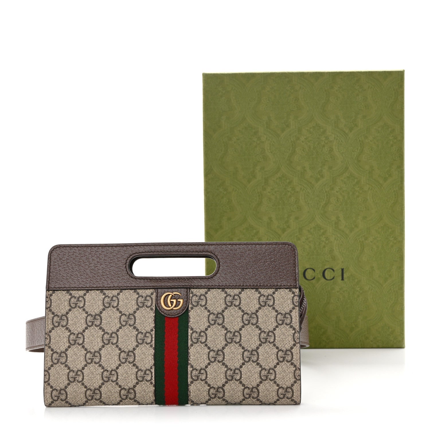 GG Supreme Monogram Textured Dollar Calfskin Web Ophidia Slip Handle Belt Bag 90 36 Beige Ebony New Acero
