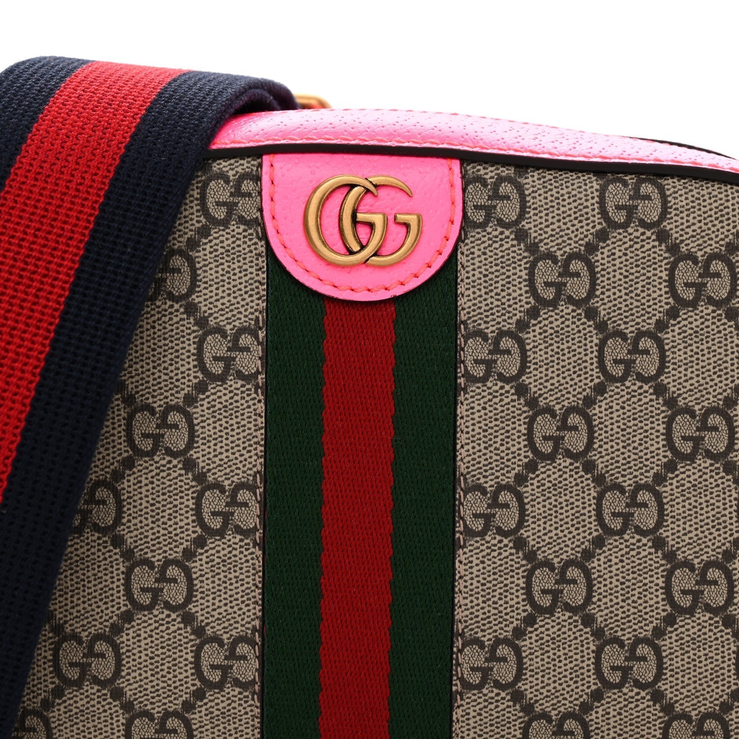 GG Supreme Monogram Textured Dollar Calfskin Web Ophidia Small Crossbody Bag Beige Ebony Fuchsia