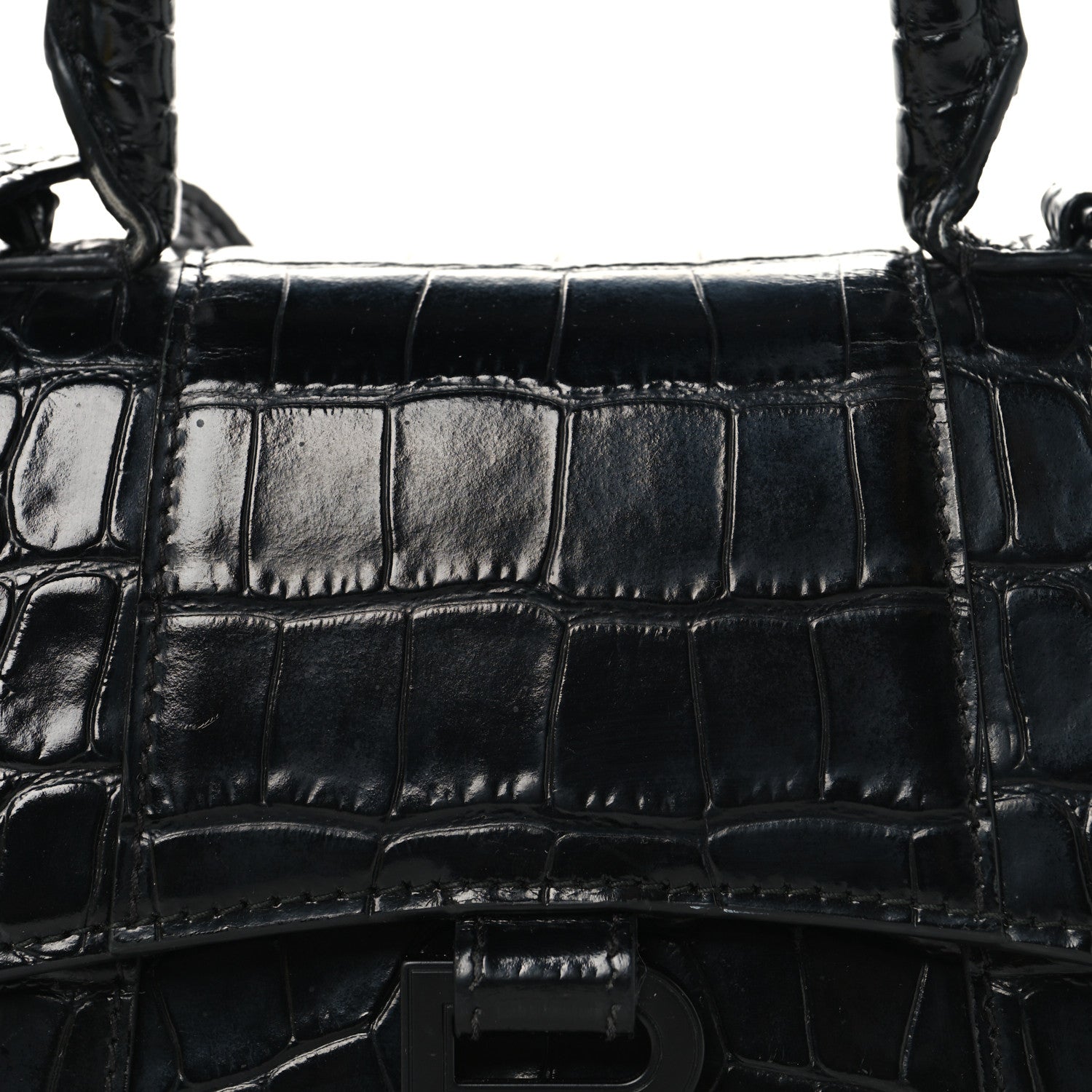 Shiny Calfskin Monochrome Crocodile Embossed Small Hourglass Top Handle Bag Black