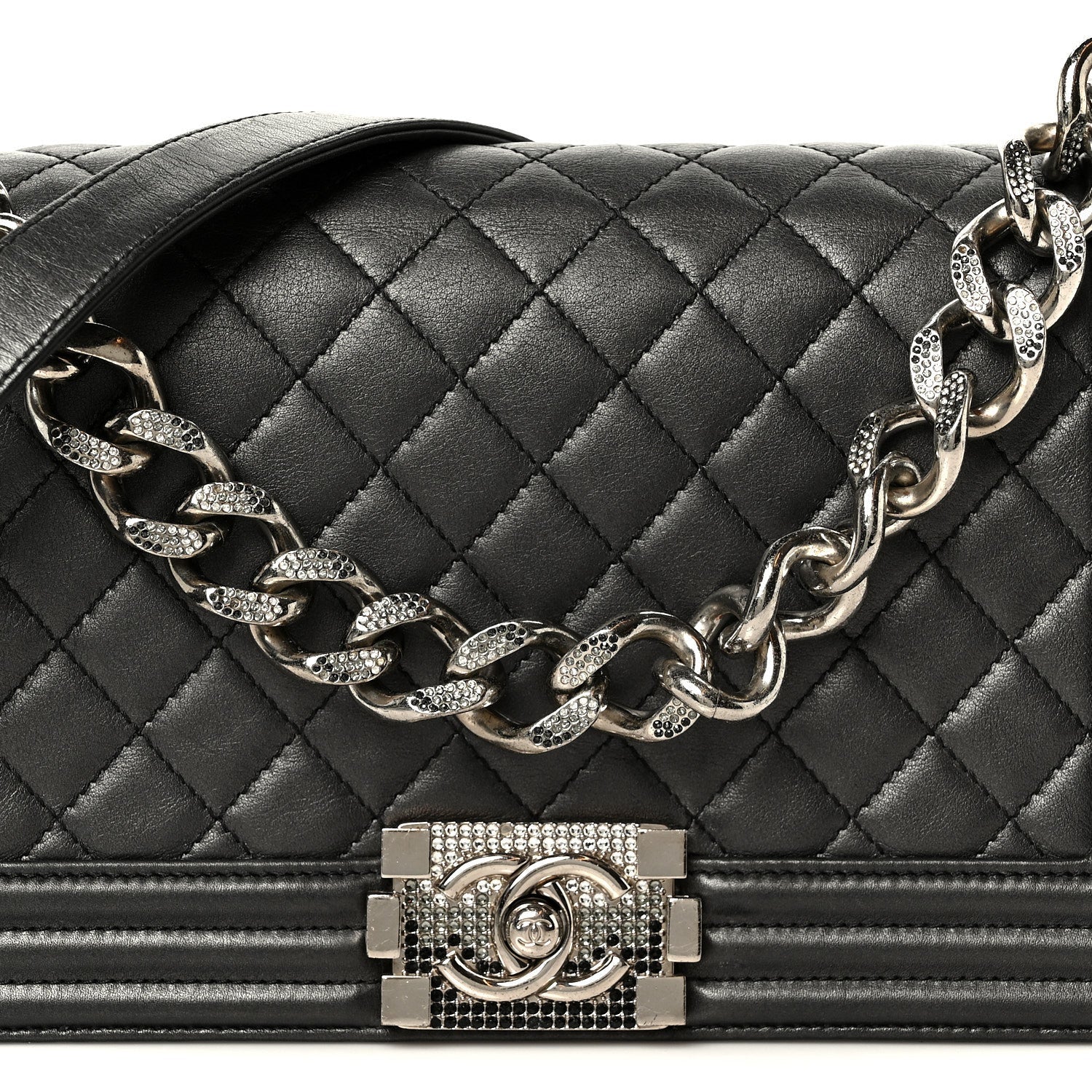 Metallic Lambskin Quilted Crystal Medium Boy Flap Grey