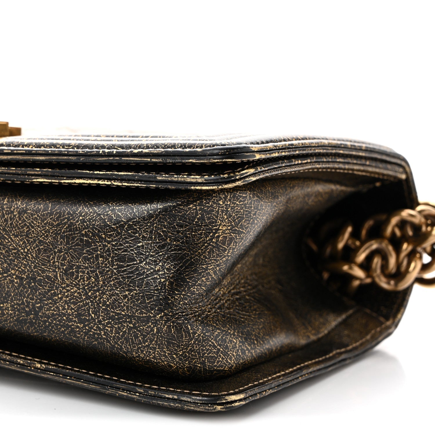 Cracked Metallic Calfskin Quilted Medium Boy Flap Gold