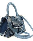 Denim Patchwork Small Hourglass Top Handle Bag Washed Blue