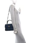 Lambskin Chevron Quilted Small Trendy CC Flap Dual Handle Bag Navy