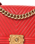 Lambskin Chevron Chain Stitched Medium Boy Flap Red