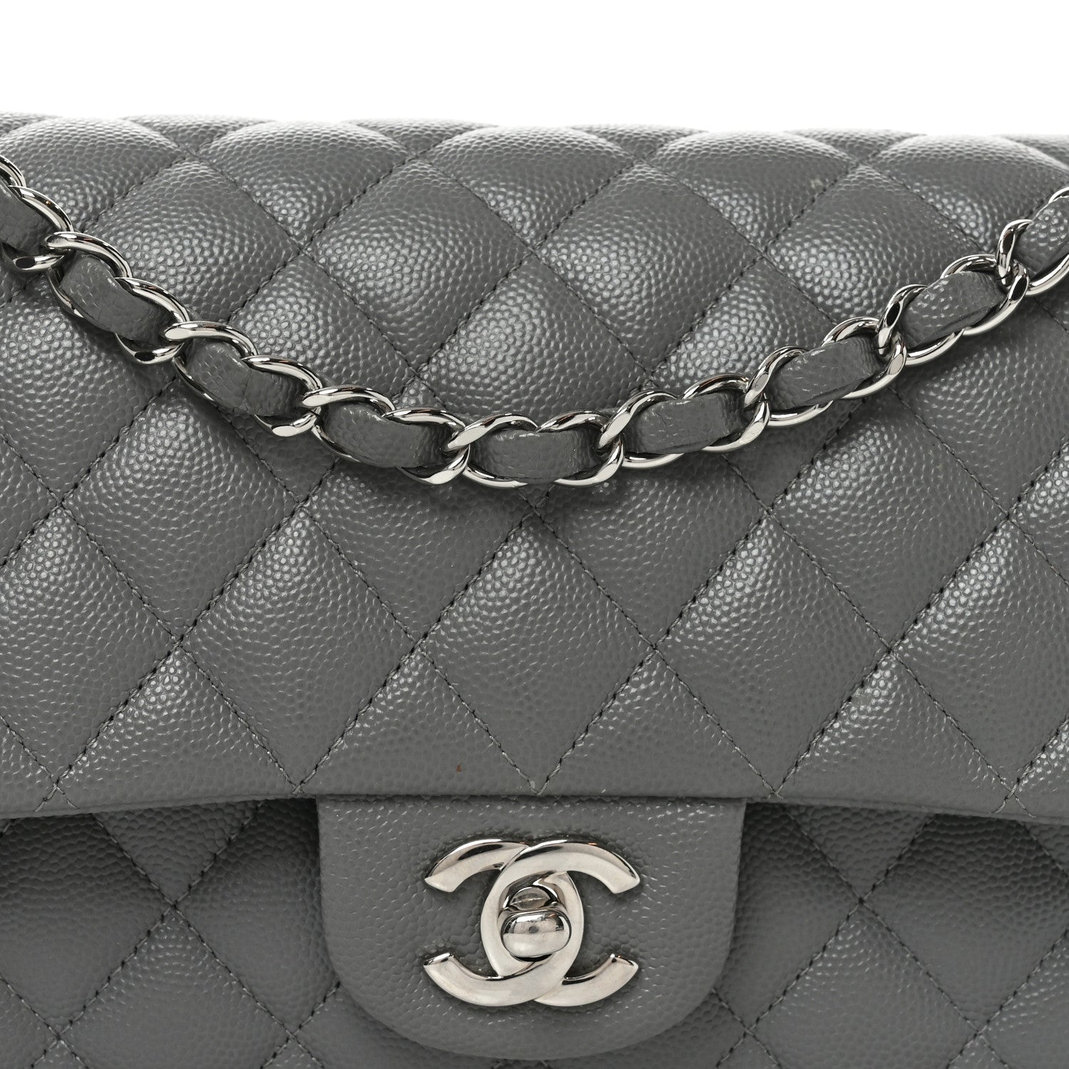 Caviar Quilted Medium Double Flap Grey