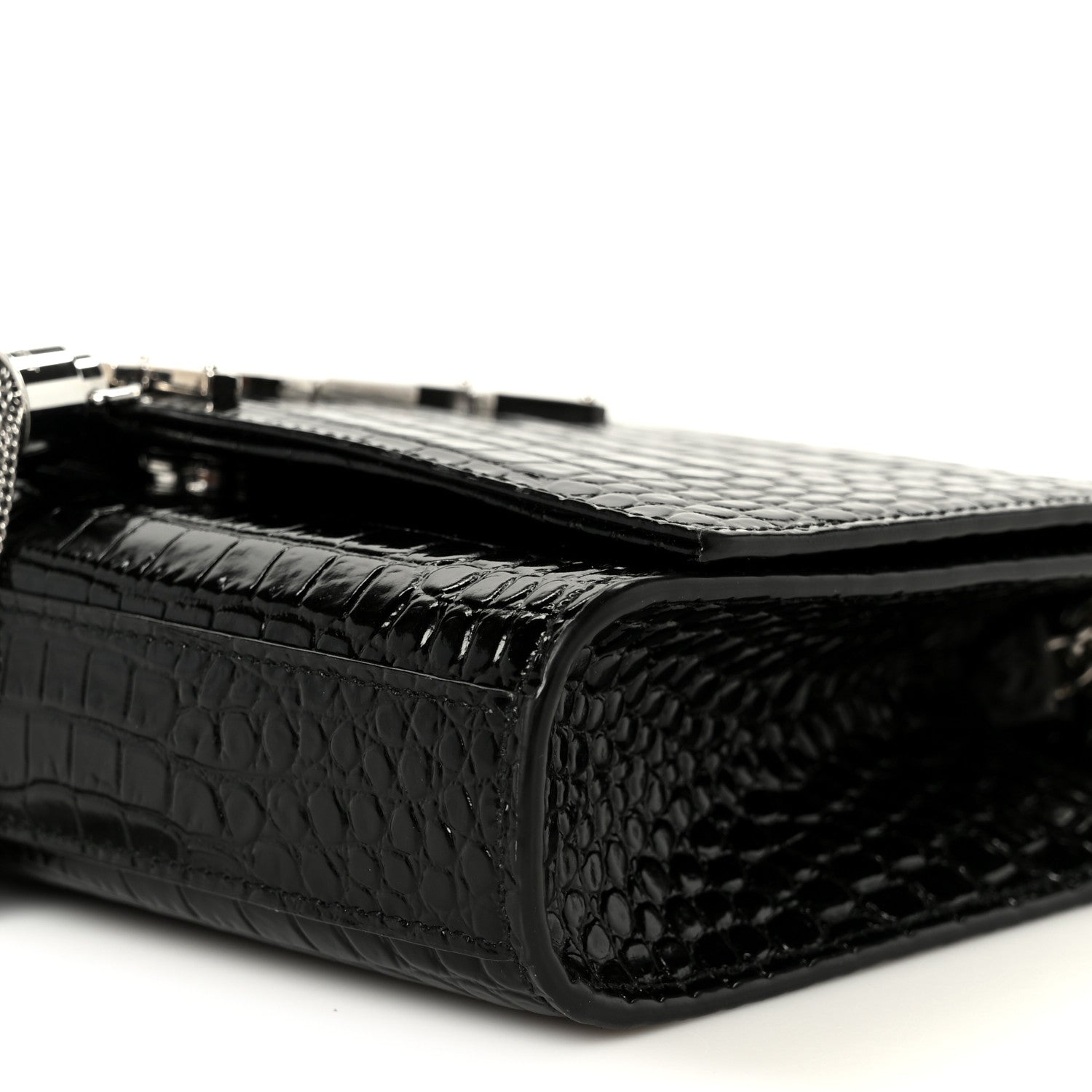 Calfskin Crocodile Embossed Small Classic Monogram Kate Tassel Satchel Black