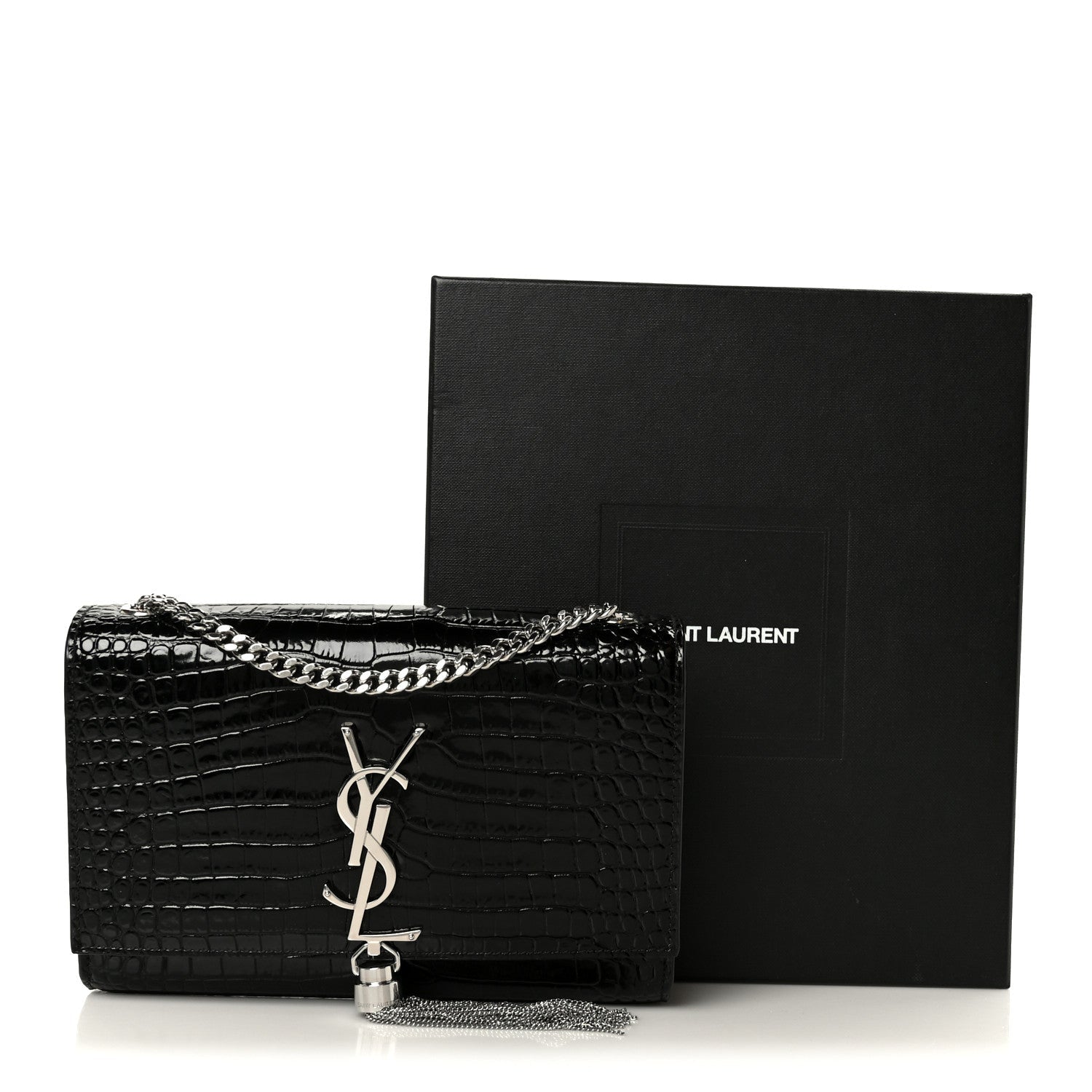 Calfskin Crocodile Embossed Small Classic Monogram Kate Tassel Satchel Black