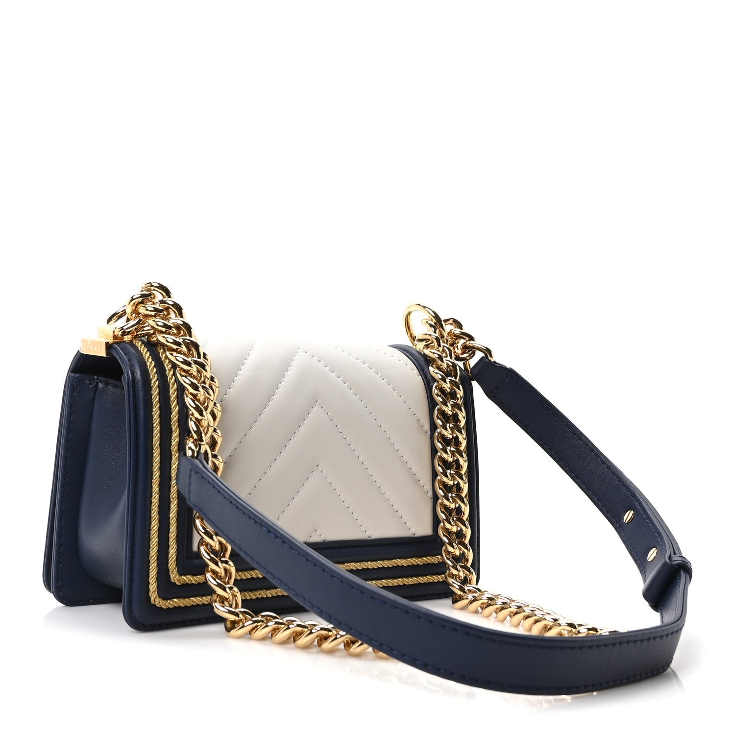 Calfskin Chevron Quilted Braided Small Boy Flap White Navy