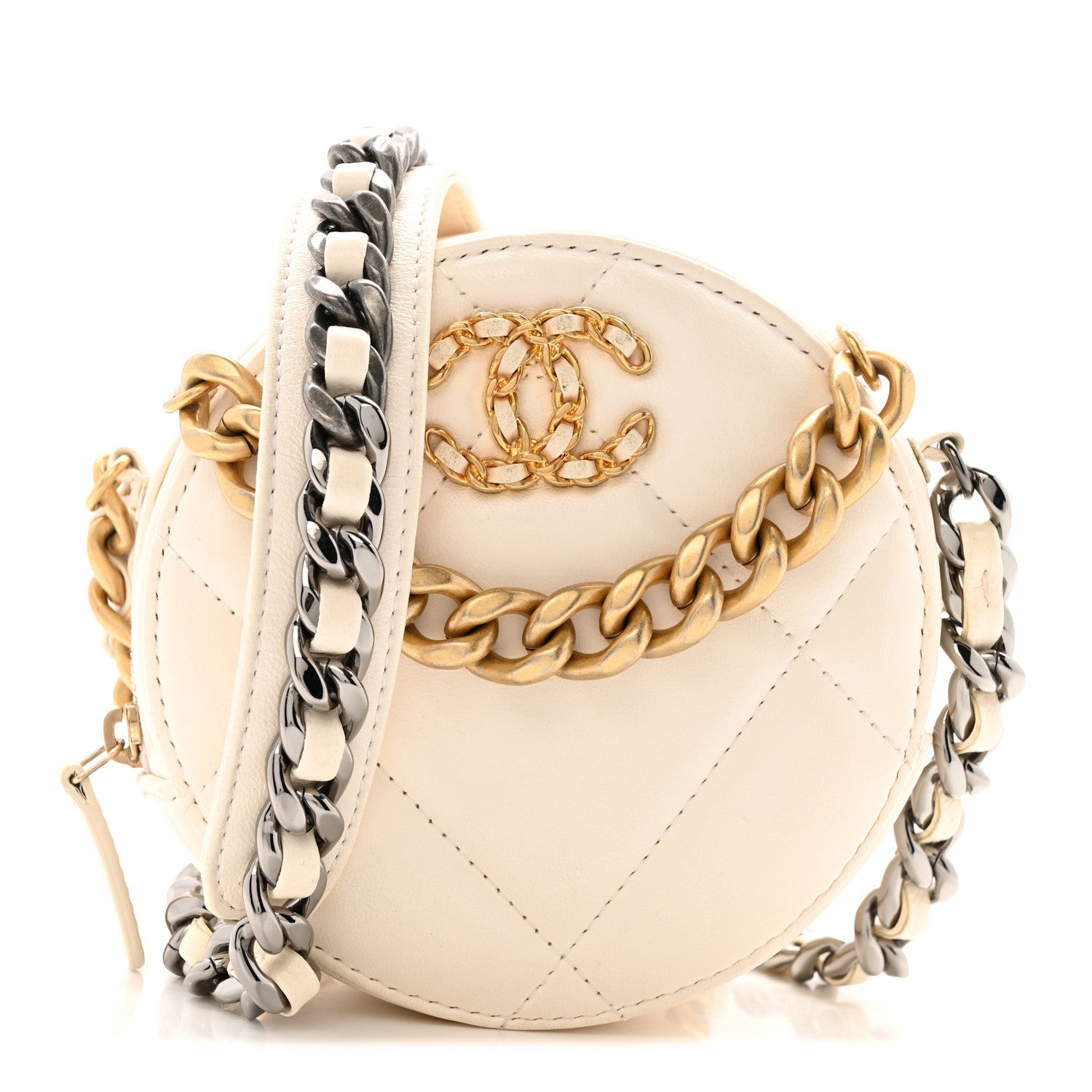 Lambskin Quilted CHNL 19 Round Clutch With Chain White