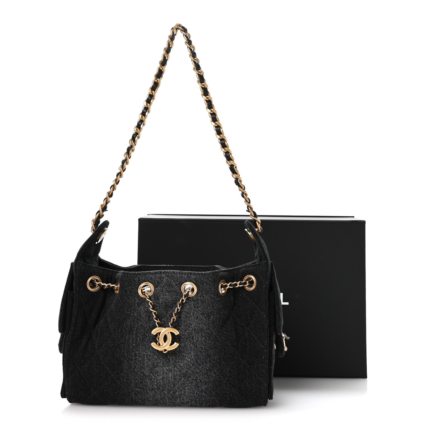 Washed Denim Quilted Mini CHNL 25 Handbag Black