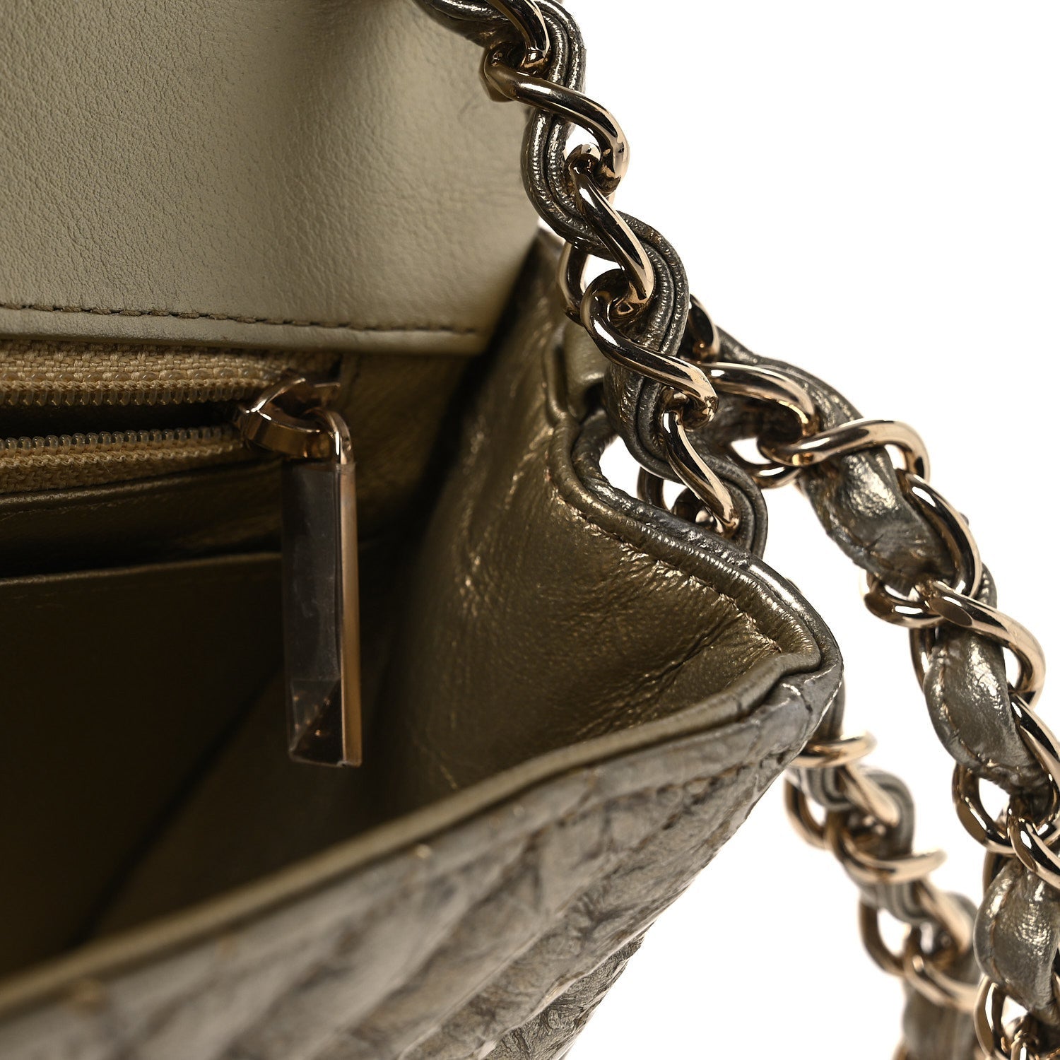 Metallic Crumpled Calfskin Chevron Quilted Mini Square Flap Gold