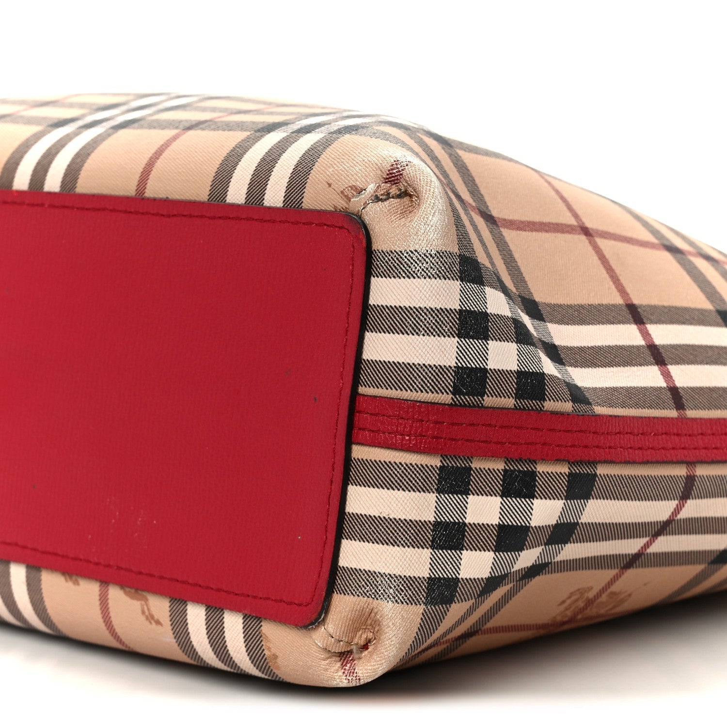 Grainy Calfskin Haymarket Check Medium Reversible Tote Red