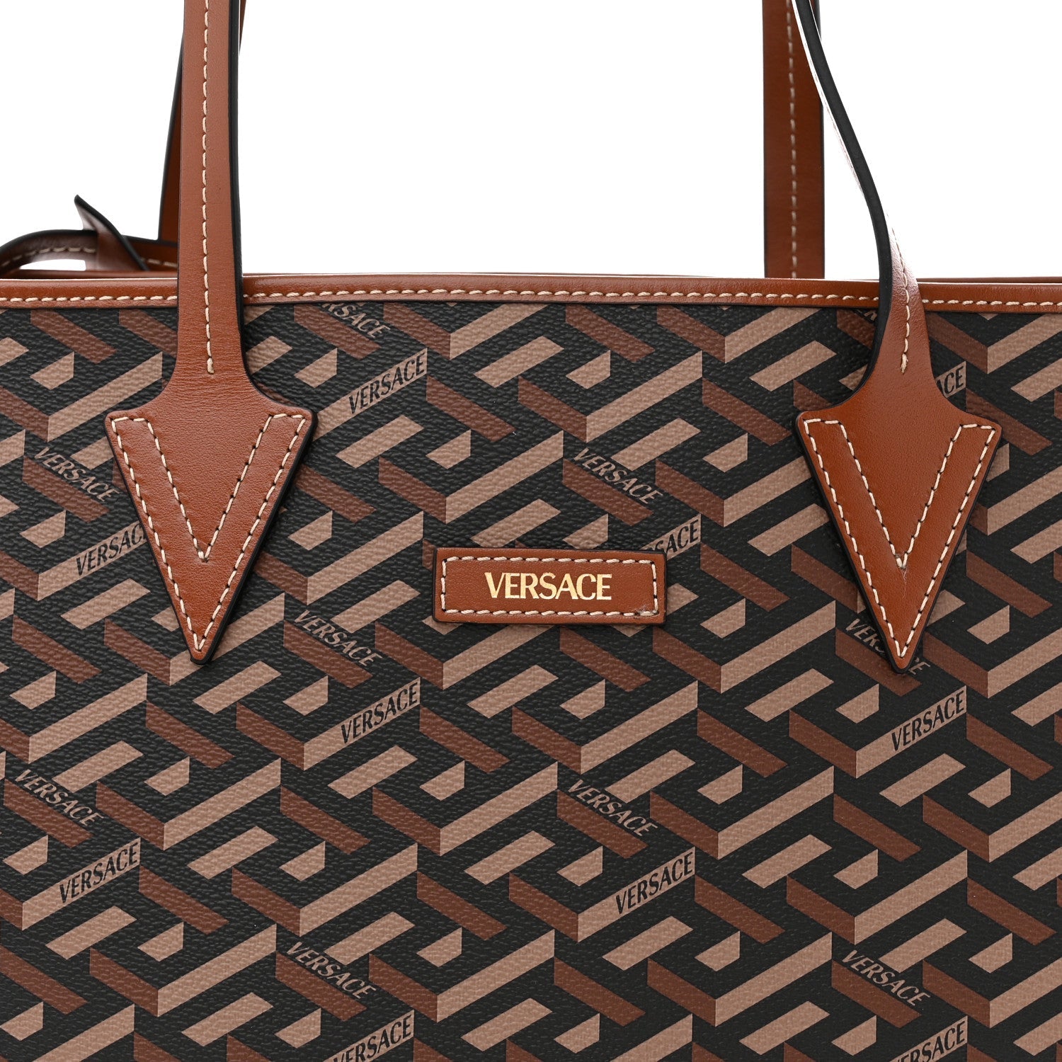 Coated Canvas Calfskin La Greca Signature Shopper Tote Bag Black Caramel