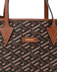 Coated Canvas Calfskin La Greca Signature Shopper Tote Bag Black Caramel