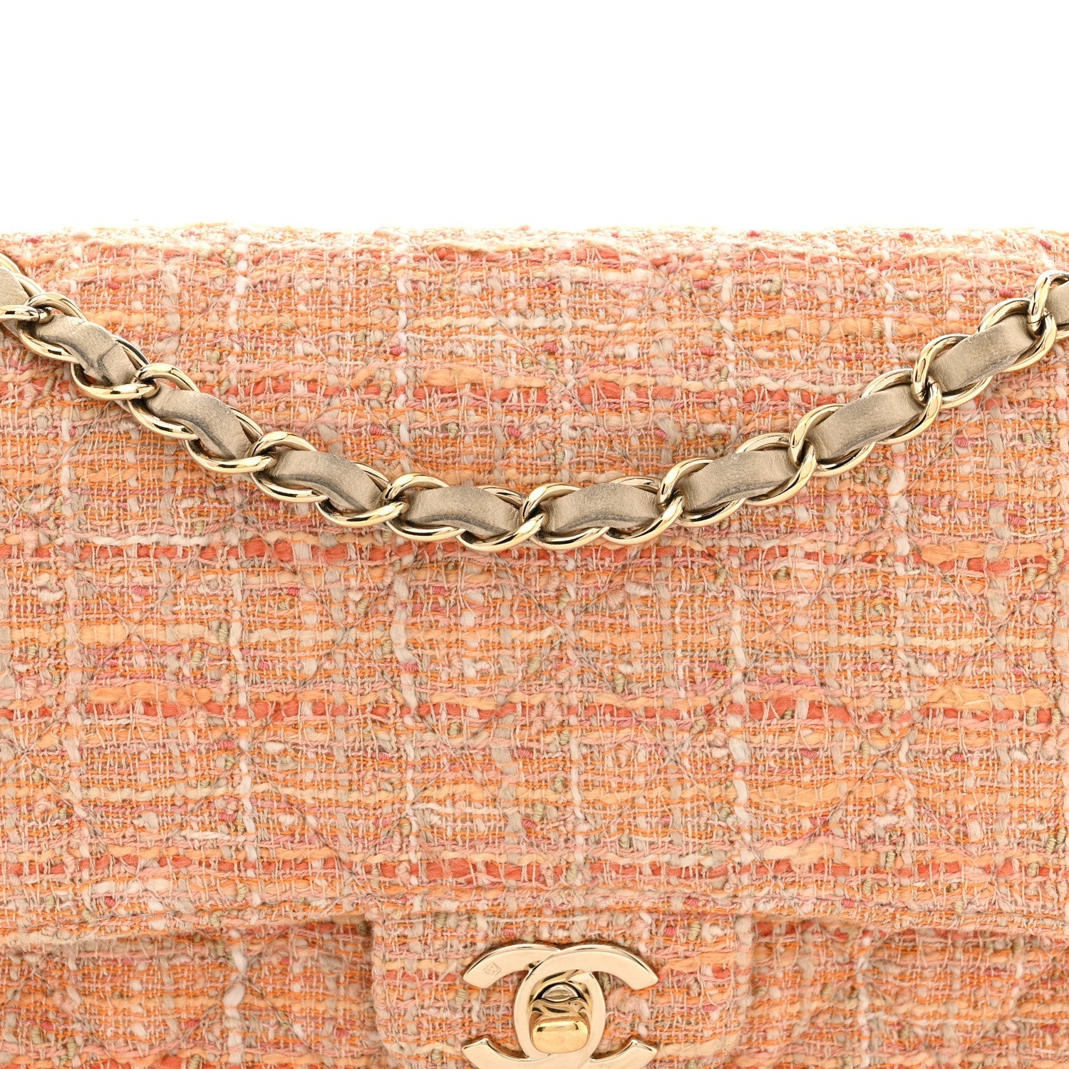 Tweed Quilted Medium Double Flap Orange Beige Multicolor