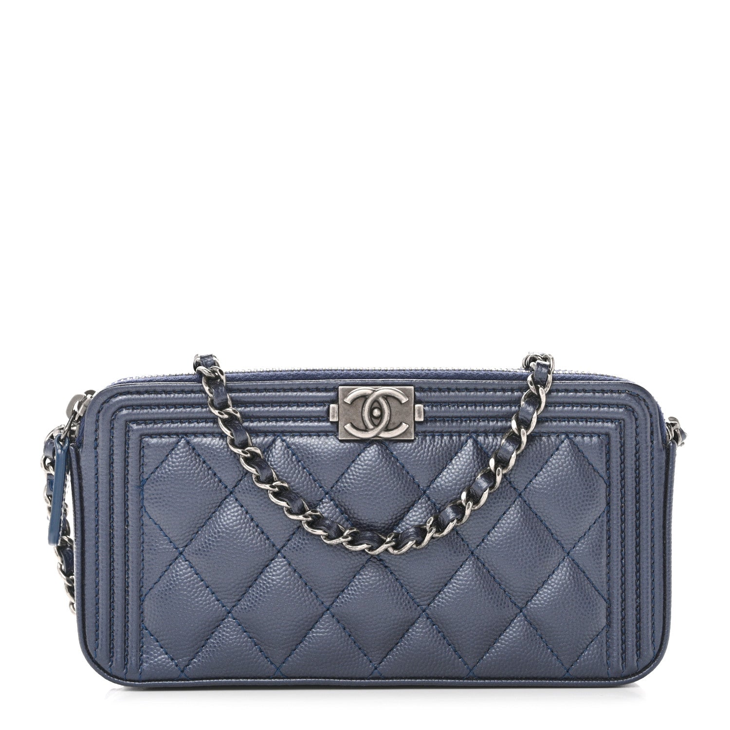 Metallic Caviar Quilted Small Boy Clutch With Chain Navy
