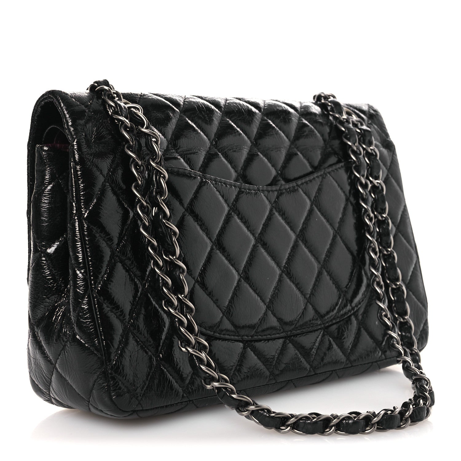 Distressed Patent Quilted Medium Double Flap Black