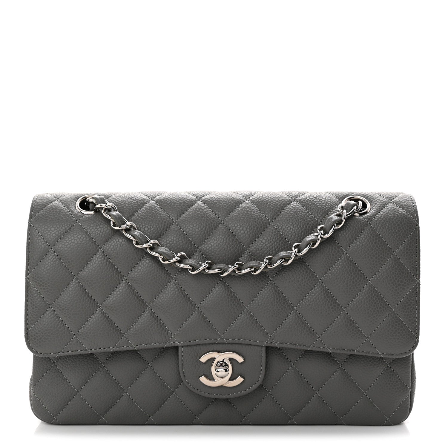 Caviar Quilted Medium Double Flap Grey