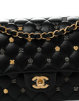Lambskin Quilted Studded Medium Double Flap Black